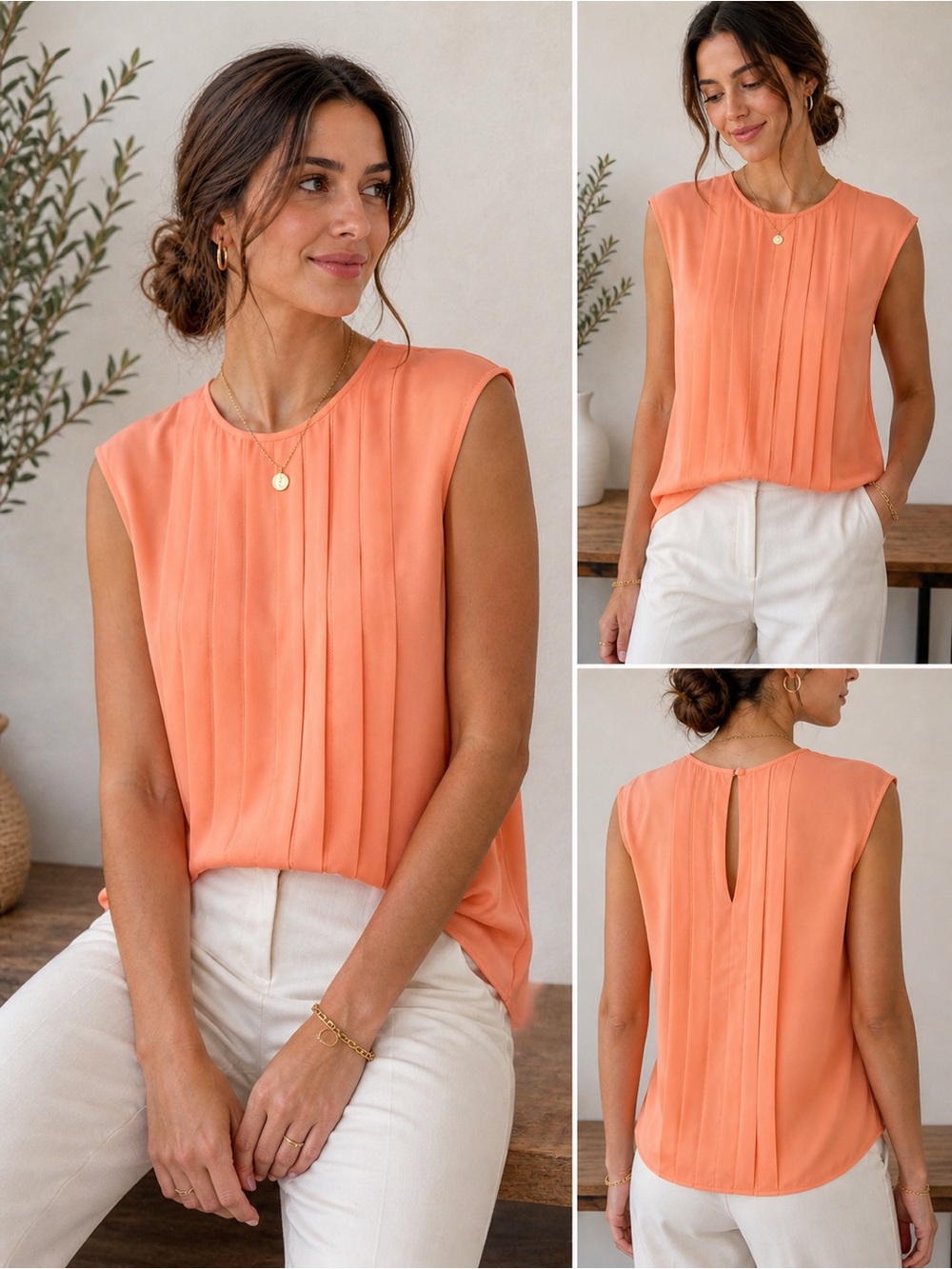 Joie 100% Silk Pintuck Blouse Peach Orange Sleeveless Top Size Small